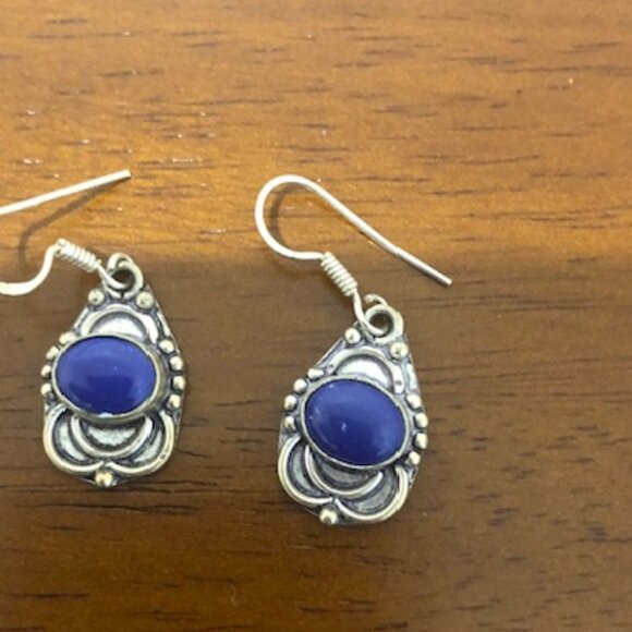 Silver Tone Blue Oval Stone Drop Earrings - Picture 9 of 9